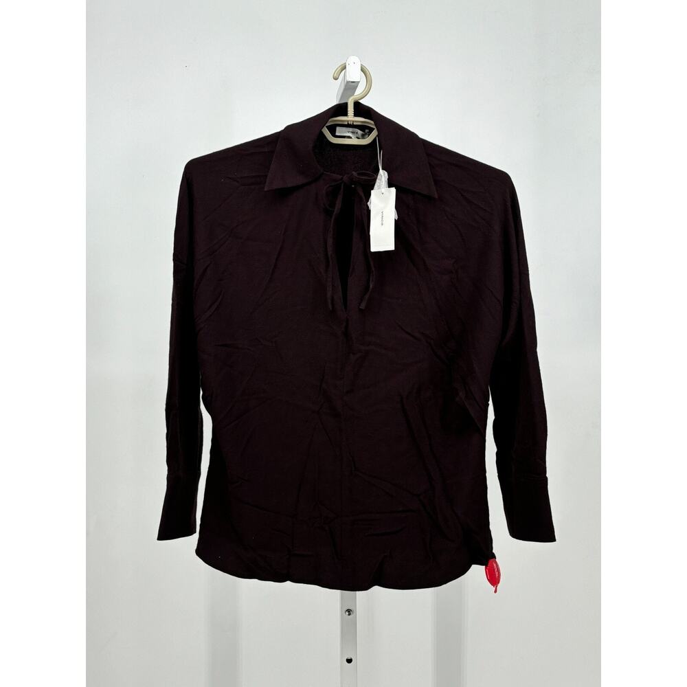 Vince Womens Tie Neck Collar Blouse XS Brown Long Sleeve Relaxed Fit Wool Blend